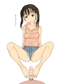  1girl bar_censor barefoot black_hair brown_eyes censored e10 feet footjob hood hoodie long_hair looking_at_viewer micro_shorts no_panties open_mouth shorts sleeveless sleeveless_hoodie toes translated twintails 