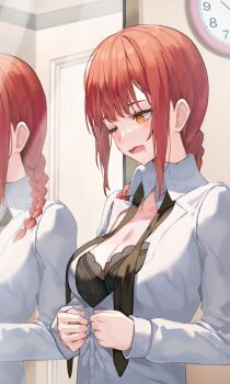  1girl black_bra black_necktie bra braid braided_ponytail breasts buttoning chainsaw_man cleavage clock collared_shirt commentary dress_shirt drooling highres lace lace-trimmed_bra lace_trim long_sleeves makima_(chainsaw_man) medium_breasts medium_hair mirror mouth_drool necktie one_eye_closed open_mouth red_hair reflection shirt sidelocks solo underwear upper_body wall_clock white_shirt yellow_eyes yeolyeo 