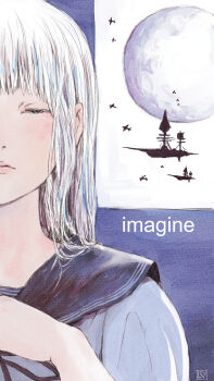  1girl aircraft airship black_sailor_collar closed_eyes commentary_request english_text highres li_(lithium0522) light_frown long_hair moon original pink_lips portrait poster_(object) sailor_collar school_uniform serafuku shirt signature solo white_hair white_shirt 