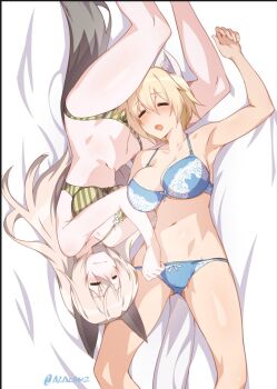  2girls animal_ear_fluff animal_ears armpits blonde_hair blue_bra blue_panties blush bra breasts cleavage closed_eyes closed_mouth eila_ilmatar_juutilainen fox_ears fox_tail green_bra green_panties highres large_breasts lying multiple_girls navel nikka_edvardine_katajainen on_back on_bed on_side open_mouth panties short_hair silver_hair sleeping smile strike_witches tail tilt-shift_(azalanz) underwear weasel_ears weasel_tail world_witches_series yuri  rating:Questionable score:18 user:danbooru