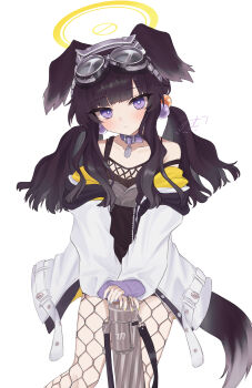  1girl absurdres animal_ears black_hair blue_archive blue_eyes commentary_request dog_ears dog_girl engineering_department_(blue_archive) goggles goggles_on_head halo hibiki_(blue_archive) highres long_hair looking_at_viewer nekoma_mimu solo white_background yellow_halo 