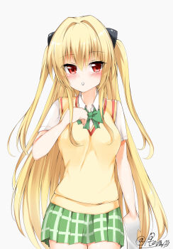  1girl artist_name blonde_hair blush bow bowtie breasts hair_intakes hand_up highres konjiki_no_yami long_hair looking_at_viewer medium_breasts miniskirt potera red_eyes school_uniform shirt short_sleeves signature simple_background skirt solo sword thigh_gap thighs to_love-ru transformation two_side_up very_long_hair vest weapon white_background 