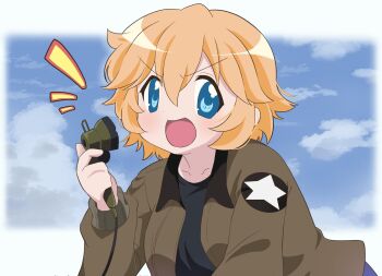  1girl :d black_shirt blonde_hair blue_eyes breasts brown_jacket chihaya_kirin cloud cloudy_sky cosplay denim denim_shorts girls_und_panzer highres jacket kay_(girls_und_panzer) lucky_star open_mouth outside_border patricia_martin saunders_military_uniform shirt short_hair shorts shout_lines sky smile star_(symbol) star_print  rating:General score:5 user:danbooru