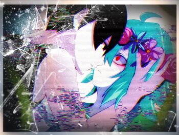  2boys ahoge alternate_eye_color basil_(headspace)_(omori) basil_(omori) black_eyes black_hair closed_mouth colored_skin commentary_request double-parted_bangs flower flower_wreath glitch hair_between_eyes hands_on_another's_head head_wreath highres kauchi_(kani10cauchi) looking_at_another male_focus multiple_boys omori omori_(omori) parted_lips plant short_hair sidelocks thorns vines white_skin 