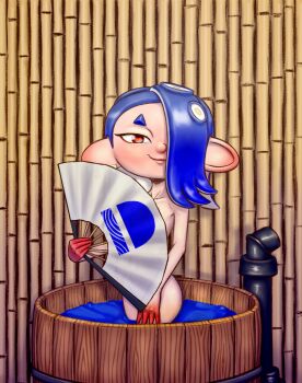  1girl bamboo bamboo_wall barrel bathing blue_hair blush collarbone covering_privates drawfag drum_bath ear_piercing facing_viewer folding_fan hair_over_one_eye hand_fan highres holding holding_fan looking_at_viewer nintendo nude octoling paper_fan partially_submerged piercing red_eyes shiver_(splatoon) smile solo splatoon_(series) splatoon_3 standing tentacle_hair water 