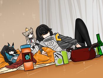  3girls absurdres animal_ears apple arknights arknights:_endfield bare_shoulders bird_ears bird_girl black_coat black_gloves black_hair black_pantyhose black_shorts blindfold_mask blue_eyes blue_jacket bob_cut brown_hair chen_qianyu_(arknights) chun_grandfa coat commentary_request dragon_girl dragon_horns dress dutch_angle endministrator_(arknights) food food_on_head fruit fruit_on_head gloves highres horns jacket korean_commentary long_sidelocks lounging mask medium_hair multiple_girls no_mouth object_on_head open_clothes open_coat pantyhose pantyhose_under_shorts perlica_(arknights) ribbed_sweater shorts sidelocks sleeveless sleeveless_dress sweater twintails white_dress white_jacket white_sweater 