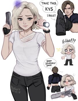  1boy 1girl ass black_gloves black_pants blonde_hair blue_eyes blushyspicy brown_hair chibi commentary english_commentary english_text facial_hair flashlight gloves grace_ashcroft gun highres holding holding_flashlight holding_weapon leon_s._kennedy pants parted_bangs pointing pointing_at_self resident_evil resident_evil_requiem shirt short_hair stubble sweat weapon white_background white_shirt 