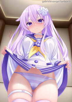  1girl artist_name blush breasts cameltoe choker choujigen_game_neptune cleft_of_venus clothes_lift cowlick dress from_below gabriel_evangel hair_between_eyes highres lifting_own_clothes long_hair looking_at_viewer medium_breasts nepgear neptune_(series) paid_reward_available panties presenting purple_eyes purple_hair pussy sailor_collar sailor_dress school_uniform serafuku shirt_lift signature skindentation solo striped_clothes striped_panties striped_thighhighs thighhighs underwear white_choker 
