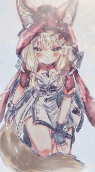  1girl animal_ears arknights arknights:_endfield black_gloves cape closed_mouth dress ears_through_headwear ears_through_hood fingerless_gloves gloves highres hood hood_up hooded_cape ichiya_refi looking_at_viewer low-tied_sidelocks red_cape rossi_(arknights) sidelocks solo tail white_dress wolf_ears wolf_girl wolf_tail yellow_eyes 