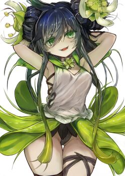  1girl absurdres arm_up armpits black_hair breasts cleavage commentary_request double_bun duel_monster flower green_eyes hair_bun hair_flower hair_ornament highres long_hair looking_at_viewer medium_breasts monster_girl neck_flower open_mouth plant plant_girl simple_background sleeveless smile solo sorozukin teeth traptrix_vesiculo water white_background white_petals wristband yu-gi-oh! 