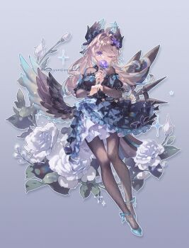  1girl absurdres ahoge artist_name blonde_hair blue_hair bodystocking breasts dot_nose dress dzrzpuna2tcxcu3 enna_alouette fishnet_bodystocking fishnets flower frilled_dress frills full_body gradient_background hair_flower hair_ornament head_wings highres holding holding_flower long_hair looking_at_viewer low_wings medium_breasts multicolored_hair nijisanji nijisanji_en off-shoulder_dress off_shoulder one_eye_closed purple_eyes purple_flower purple_rose rose solo sparkle streaked_hair twitter_username variant_set virtual_youtuber white_flower white_rose wings 