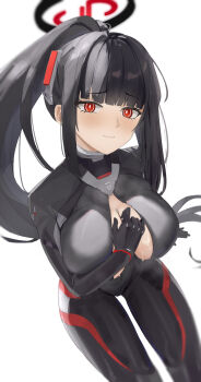  1girl absurdres black_bodysuit black_hair blue_archive blunt_bangs blush bodysuit breasts bright_pupils commentary_request halo headgear highres large_breasts long_hair looking_at_viewer official_alternate_costume ponytail red_eyes ringed_eyes rio_(blue_archive) rio_(bodysuit)_(blue_archive) sercet simple_background solo sweat very_long_hair white_background white_pupils 