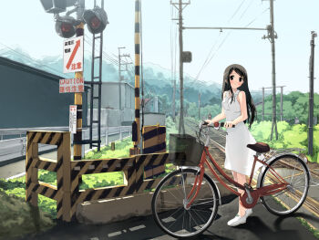 00s 1girl bicycle black_hair blush brown_eyes building caution clip crossing day dress female_focus hair_ornament hairpin highres hokkaido kantoku long_hair looking_at_viewer mahou_tsukai_ni_taisetsu_na_koto mahou_tsukai_ni_taisetsu_na_koto:_natsu_no_sora mountain no_socks outdoors parted_lips power_lines pushing_bicycle railroad_crossing railroad_signal railroad_tracks real_world_location road scenery shoes sign skirt sky sleeveless sleeveless_dress solo suzuki_sora traffic_light utility_pole vanishing_point walking white_dress white_shoes white_skirt wide_shot rating:Sensitive score:20 user:danbooru