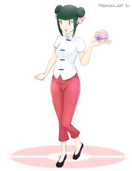 1girl 2021 cassandra_(pokemon) changshan chinese_clothes frankace green_hair hair_buns holding holding_poke_ball kung_fu_shoes nintendo orange_eyes poke_ball pokemon pokemon_(anime) pokemon_(classic_anime) pokemon_ep044 smile
