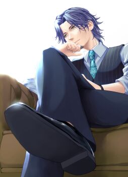  1boy absurdres aqua_necktie black_pants black_shoes black_vest blue_hair brown_eyes chisayume commentary_request couch crossed_legs curtained_hair facial_hair frimomen_(voicepeak) from_below goatee hand_on_own_chin head_rest highres light_smile male_focus mature_male mole mole_under_eye necktie on_couch pants parted_lips shirt shoes short_hair simple_background sitting solo striped_clothes striped_vest vest voicepeak watch white_background white_shirt wristwatch 