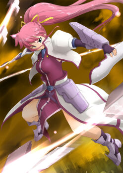  1girl ahoge arm_guards armored_boots ban_(777purin) black_gloves blue_eyes boots braid breasts commentary_request cropped_jacket elbow_gloves fingerless_gloves floating_hair full_body gloves hair_ribbon high_ponytail highres holding holding_sword holding_weapon laevatein_(nanoha) large_breasts long_hair lyrical_nanoha magical_girl mahou_shoujo_lyrical_nanoha multiple_girls parted_lips pink_hair ponytail puffy_short_sleeves puffy_sleeves ribbon short_sleeves signum solo sword tassets weapon whip whip_sword yellow_ribbon 