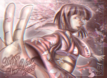  2026 cherry_blossoms chinese_zodiac falling_petals happy_new_year japanese_clothes kimono lupeco98 new_year non-web_source original petals pink_background pink_kimono realistic self-upload shinto short_hair splash_page toon_(style) torii year_of_the_horse 