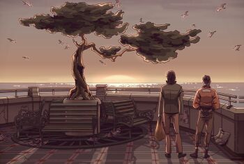  2boys bag bench bird black_hair blazer bomber_jacket commentary disco_elysium english_commentary from_behind full_body green_jacket hands_in_pockets harry_du_bois holding holding_bag horizon in-universe_location jacket kim_kitsuragi male_focus multiple_boys orange_jacket outdoors pier railing seagull short_hair standing sunset tree wenny02 