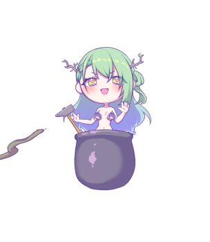  :d absurdres antlers arm_at_side blush braid braided_bangs cauldron censored censored_nipples ceres_fauna character_censor commentary double-parted_bangs english_commentary getting_over_it green_hair hair_rings hammer hand_up highres holding holding_hammer hololive hololive_english horns implied_nudity in_cauldron long_hair novelty_censor one_side_up open_mouth ouro_kronii sher_(imnotsher) side_up_ring simple_background single_hair_ring sledgehammer smile snake v-shaped_eyebrows virtual_youtuber white_background yellow_eyes 