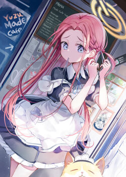  1girl apron black_dress blue_archive blue_eyes blue_ribbon blush borrowed_clothes cat chosunbe dress dutch_angle forehead frilled_apron frills hair_ribbon halo hands_up highres holding holding_ribbon long_hair maid maid_apron menu_board mouth_hold neck_ribbon official_alternate_costume puffy_short_sleeves puffy_sleeves raised_inner_eyebrows red_hair ribbon ribbon_in_mouth short_sleeves solo tying_hair white_apron white_ribbon yellow_halo yuzu_(blue_archive) yuzu_(maid)_(blue_archive) 