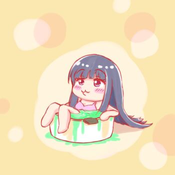  1girl :3 bare_arms bare_legs bare_shoulders barefoot bikini black_hair blunt_bangs blush_stickers brown_background chibi chibi_only closed_mouth commentary_request dotted_background full_body gems_company hase_mikoto highres long_hair looking_ahead multicolored_background norimi908 partially_submerged pink_bikini purple_eyes raised_eyebrows sidelocks sitting solo swimsuit thick_eyelashes very_long_hair washpan yellow_background 