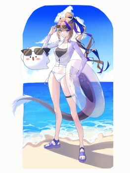  1girl absurdres airi_kanna antlers beach bikini bikini_bottom_only black_sports_bra blue_eyes blue_sky border brown_hair closed_mouth commentary_request cropped_jacket day eyewear_on_head hand_up highres holding holding_swim_ring horizon horns innertube jacket korean_commentary legs_apart long_hair long_sleeves moon_(restire) multicolored_hair navel ocean outdoors partially_unzipped platform_sandals ponytail purple_sandals sandals scales_(airi_kanna) shadow side-tie_bikini_bottom sky smile sports_bra standing stellive streaked_hair sunglasses swim_ring swimsuit tail thigh_strap virtual_youtuber white_background white_bikini white_border white_jacket 
