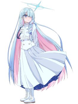  1girl absurdly_long_hair absurdres amanotti_01 anime_coloring arms_behind_back blue_archive blue_eyes blue_hair blue_halo blush boots braid buttons colored_inner_hair cropped_jacket dot_nose double-breasted dress full_body general_student_council_president_(blue_archive) hair_over_one_eye hair_tie halo highres jacket lace-up_boots long_dress long_hair long_sleeves looking_ahead multicolored_hair one_eye_covered pink_hair pleated_dress shoulder_boards side_braid simple_background smile solo standing starry_sky_print straight_hair turning_head turtleneck turtleneck_jacket two-sided_dress two-sided_fabric two-tone_hair very_long_hair white_background white_boots white_dress white_jacket 