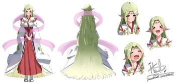  >_< :d :t absurdly_long_hair absurdres blush braid brown_sandals circlet commentary commission crying english_commentary gold_circlet green_eyes green_hair hakama hakama_skirt half_up_half_down_braid hazey_(hazelnut81) highres japanese_clothes long_hair miko open_mouth original pointy_ears red_hakama reference_sheet ribbon_trim sandals see-through_clothes see-through_shawl shawl sidelocks skirt smile socks very_long_hair white_background white_kosode white_socks xd 