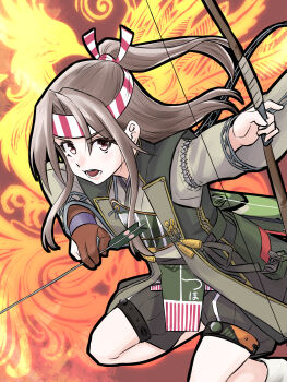  1girl absurdres apron bird bow_(weapon) brown_eyes brown_gloves brown_hair commentary_request gloves grey_shorts hakama hakama_shorts headband high_ponytail highres japanese_clothes jinbaori kantai_collection long_hair muneate nekotarou_(nktr299) partially_fingerless_gloves partly_fingerless_gloves phoenix ponytail shorts single_glove solo striped_headband weapon yugake yumi_(bow) zuihou_(kancolle) zuihou_kai_ni_(kancolle) 