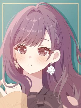  1girl bare_shoulders black_ribbon black_shirt blush braid brown_eyes brown_hair buttons close-up commentary dot_nose earrings eyelashes flower flower_earrings green_background hand_up jacket jewelry kanzaki_tsuki long_hair looking_at_viewer official_alternate_costume official_alternate_hair_length official_alternate_hairstyle orange_jacket parted_lips portrait project_sekai ribbon see-through_clothes see-through_sleeves shinonome_ena shirt side_braid single_braid sleeveless sleeveless_shirt solo swept_bangs thick_eyelashes upper_body white_flower zozotown 