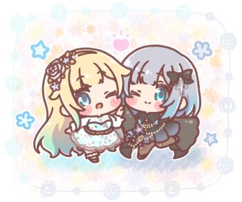  2girls ;) ;d aizawa_ema black_bow black_dress black_shoes blonde_hair blue_dress blue_eyes blue_hair bow brown_hairband brown_pantyhose chibi closed_mouth commentary_request dress floral_background flower gradient_hair grey_hair hair_bow hairband heart highres kaga_sumire long_hair mitarashi_neko multicolored_hair multiple_girls one_eye_closed open_mouth pantyhose pleated_dress purple_flower rose shirt shoes smile standing standing_on_one_leg star_(symbol) very_long_hair virtual_youtuber vspo! white_flower white_rose white_shirt 