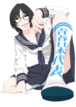  1girl absurdres atarashii_gakkou_no_leaders black_eyes black_hair blue_neckerchief blue_sailor_collar clothes_writing commentary eyes_visible_through_hair glasses highres long_sleeves mole mole_on_cheek mole_under_mouth multiple_moles neckerchief on_one_knee pleated_skirt real_life sailor_collar school_uniform serafuku shinku_p short_hair simple_background skirt smile suzuka_(atarashii_gakkou_no_leaders) white_background white_serafuku 