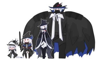 1boy 3girls :d absurdly_long_hair arknights black_capelet black_coat black_dress black_hat black_pants blue_hat blush_stickers broad_shoulders capelet closed_eyes clothing_cutout coat coattails commentary cosplay deformed dress expressionless full_body gladiia_(arknights) grey_hair hair_over_one_eye hat highres holding holding_sword holding_weapon keiosu4 long_hair long_sleeves looking_at_viewer low-tied_long_hair multiple_girls open_clothes open_coat open_mouth pants pointy_ears red_eyes sattou_(style) simple_background skadi_(arknights) smile specter_(arknights) specter_the_unchained_(arknights) sword symbol-only_commentary tailcoat thigh_cutout two-sided_fabric two-sided_headwear ulpianus_(arknights) ulpianus_(arknights)_(cosplay) v-shaped_eyebrows very_long_hair weapon white_background 