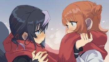  1boy 1girl aki_(korisumochi) bird_wings black_feathers black_hair blue_background blue_eyes blush breath cold commentary_request double_bun eye_contact feathered_wings feathers fingernails gradient_background green_eyes hair_bun harpy_boy hetero korisumochi looking_at_another monster_boy orange_hair original outdoors red_scarf scarf school_uniform serafuku shared_clothes shared_scarf sharp_fingernails short_hair simple_background sunrise upper_body wings yuzu_(korisumochi) 