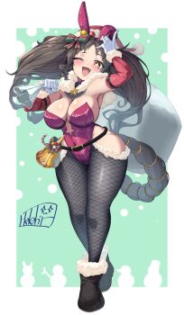  1girl bell belt black_boots black_hair black_hiphighs blush boots bow breasts brown_eyes capelet christmas cleavage covered_navel detached_sleeves ear_covers fang fishnet_hiphighs fishnets fur-trimmed_boots fur_capelet fur_trim gloves green_background hair_bow hat hekahire_isurus hiphighs holding holding_sack horse_girl horse_tail large_breasts leotard long_hair marvelous_sunday_(umamusume) one_eye_closed open_mouth rabbit_ears red_hat red_leotard red_sleeves ribbon sack santa_hat signature smile solo sparkling_eyes standing tail tail_ornament tail_ribbon twintails umamusume white_gloves wink yellow_ribbon 