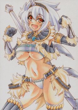  1girl armor bandeau breasts capcom cleavage clenched_hands gauntlets headband horns kirin_(armor) monster_hunter_(series) navel open_mouth over_shoulder panties red_eyes revealing_clothes short_hair simple_background single_horn sword underwear weapon weapon_over_shoulder white_background white_hair yutakasan-love  rating:Sensitive score:31 user:danbooru