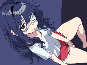  1girl absurdres bags_under_eyes bright_pupils chomesuke_(maorisu_henkyo_haku) closed_mouth commentary_request dolphin_shorts dutch_angle eyelashes eyepatch fang hair_intakes highres long_hair maorisu_henkyo_haku medical_eyepatch original purple_background purple_eyes red_shorts shirt short_sleeves shorts solo t-shirt thighs two-tone_background white_pupils white_shirt 