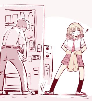  1boy 1girl :3 arms_behind_back blonde_hair clothes_around_waist earrings eighth_note gyaru highres jewelry kato_takuji medium_hair motion_lines musical_note necktie original pants red_necktie sanshita_gyaru_(kato_takuji) school_uniform shirt shoes short_hair short_sleeves skirt socks stud_earrings twintails uwabaki vending_machine wallet white_shirt 