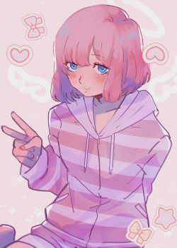 1boy absurdres androgynous angel_wings aqua_eyes blush bob_cut catherine:_full_body catherine_(game) crossdressing crossdressing_(mtf) halo heart highres hood hoodie kokomi_(aniesuakkaman) looking_at_viewer pajamas pink_background pink_hair pink_hoodie pink_nails pink_pajamas pink_ribbon ribbon rin_(catherine) short_hair smile star_(symbol) striped_clothes striped_pajamas trap v wings yellow_ribbon 