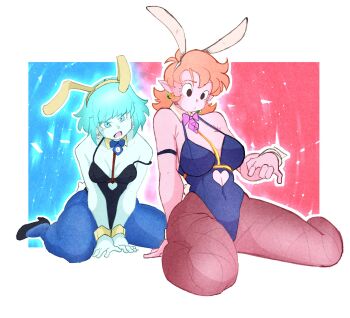  2girls aeos_(dragon_ball) animal_ear_hairband animal_ears annoyed arm_strap bare_shoulders black_eyes black_leotard blue_background blue_bow blue_bowtie blue_eyes blue_hair blue_necktie blue_pantyhose blue_skin bow bowtie breasts chronoa cleavage clock_face clothing_cutout collar colored_skin confused covered_navel detached_collar dragon_ball dragon_ball_heroes dragon_ball_xenoverse earrings fake_animal_ears fake_tail fishnet_pantyhose fishnets gold_earrings hairband heart_cutout highleg highleg_leotard highres hourglass_print jewelry kaioushin leotard medium_hair multiple_girls navel_cutout necktie outline pantyhose pink_background pink_bow pink_bowtie pink_hair pink_necktie pink_skin playboy_bunny pointy_ears rabbit_ear_hairband rabbit_ears rabbit_tail red_hair red_pantyhose silver_earrings sitting sketch sonicmathews stomach_cutout strap_slip tail wariza white_background white_collar white_outline white_wrist_cuffs wrist_cuffs yellow_collar yellow_wrist_cuffs 