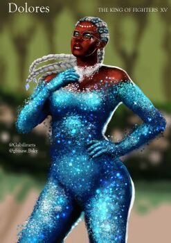  1girl _gabi_lira _gabi_lira_ bodypaint bodysuit braid breasts curvy dark-skinned_female dark_skin dolores_(kof) dress glasses green_eyes huge_breasts large_breasts multicolored_hair purple_hair round_eyewear shiny_clothes shiny_skin standing the_king_of_fighters thick_thighs thighs two-tone_hair white_hair wide_hips 