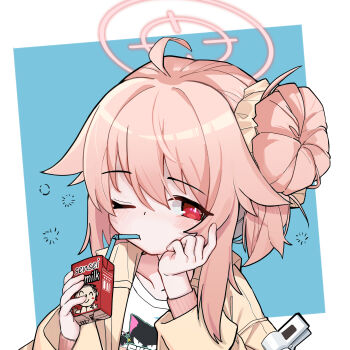  1girl absurdres ahoge animal_print blue_archive blue_background blush border brand_name_imitation cat_print collarbone commentary commentary_typo doodle_sensei_(blue_archive) drink drink_carton drinking drinking_straw drinking_straw_in_mouth english_commentary hair_between_eyes hair_bun hair_flaps hair_ornament hair_scrunchie halo hand_on_own_cheek hand_on_own_face highres holding holding_drink holding_milk_carton jacket long_sleeves looking_to_the_side medium_hair milk_carton natsu_(band)_(blue_archive) natsu_(blue_archive) official_alternate_costume official_alternate_hairstyle one_eye_closed open_clothes open_jacket outside_border pink_hair pink_halo pinko_(oknip) print_shirt red_eyes scrunchie sensei_(blue_archive) shirt sidelocks simple_background solo t-shirt upper_body white_border white_shirt yellow_jacket yellow_scrunchie 