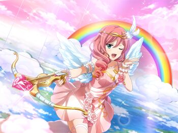  1girl bow_(weapon) breasts cleavage cloud crossbow cupid dress drill_hair earrings flower game_cg hair_over_shoulder headphones holding holding_crossbow holding_weapon jewelry long_hair looking_at_viewer official_art one_eye_closed open_mouth pink_dress pink_flower pink_hair pink_rose rainbow ribbon rose shoujo_kageki_revue_starlight shoujo_kageki_revue_starlight_-re_live- solo tsuruhime_yachiyo upper_body weapon white_wings wings wrist_ribbon 