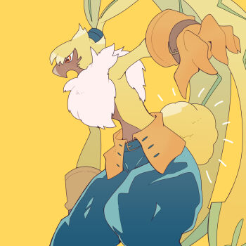  1boy body_fur commentary_request cowboy_shot digimon digimon_(creature) floppy_ears furry furry_male gloves looking_to_the_side male_focus neck_fur orange_eyes pg_enaena puffy_pants rabbit_boy simple_background solo symbareangoramon tail tied_ears yellow_background yellow_fur yellow_gloves 