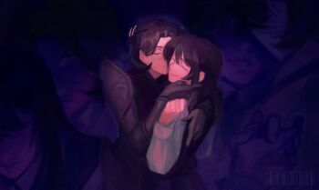  1000xresist 2girls allmother_(1000xresist) black_bodysuit black_gloves black_hair black_vest bodysuit closed_eyes commentary dead_finch english_commentary glasses gloves highres jiao_(1000xresist) kiss kissing_cheek long_hair making-of_available multiple_girls rimless_eyewear school_uniform short_hair time_paradox vest yuri 