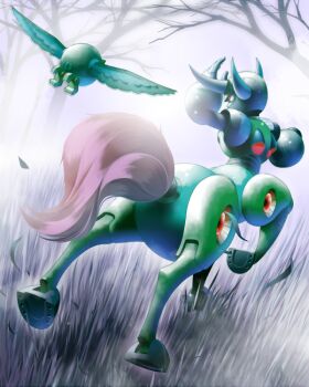 1boy android arm_cannon arm_up armor bare_tree beat_(mega_man) centaur centaur_man commentary_request fake_horns fog from_behind full_body gloves grass green_armor green_helmet helmet hooves horned_helmet horns horse_tail male_focus mega_man_(classic) mega_man_(series) mega_man_6 morning multiple_legs napo non-humanoid_robot outdoors red_eyes robot robot_animal robot_bird shadow solo_focus standing standing_on_one_leg tail taur tree walking weapon white_gloves 