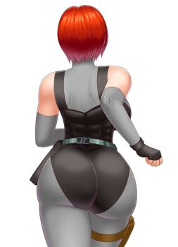  1girl ass back backboob black_gloves black_leotard bluebullpen bodysuit breasts curvy dino_crisis elbow_gloves fingerless_gloves from_behind gloves highres huge_ass large_breasts leotard red_hair regina_(dino_crisis) short_hair simple_background skin_tight solo thick_thighs thighs turtleneck white_background wide_hips 