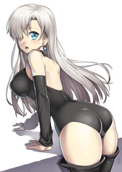  10s 1girl ass bodysuit breasts detached_sleeves earrings elizabeth_liones female_focus hair_over_one_eye jewelry large_breasts long_hair nagase_haruhito nanatsu_no_taizai open_mouth sideboob silver_hair solo  rating:Questionable score:92 user:Daijin