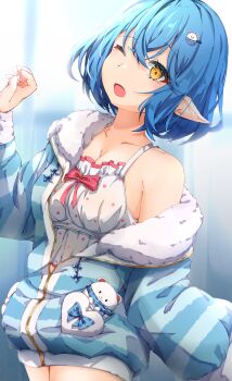  1girl absurdres ahoge blue_hair blush breasts camisole cleavage collarbone commentary_request elf fur-trimmed_jacket fur_trim fuyuhi_uta hair_between_eyes hair_ornament heart heart_ahoge highres hololive jacket large_breasts long_sleeves looking_at_viewer official_alternate_costume one_eye_closed open_mouth pointy_ears sleepy snowflake_print solo stomach tears virtual_youtuber white_camisole yawning yellow_eyes yukihana_lamy yukihana_lamy_(roomwear) 