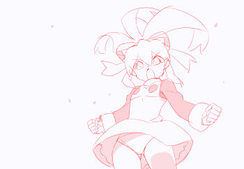  1girl android black_sleeves blonde_hair capelet clothes_lift commentary_request cowboy_shot dress dress_lift fighting_stance floating_hair green_eyes groin hand_up kaidou_zx lineart long_hair long_sleeves looking_at_viewer looking_down mega_man_(classic) mega_man_(series) open_mouth panties petticoat ponytail red_dress roll_(mega_man) short_dress sidelocks simple_background solo turtleneck underwear white_background white_panties 